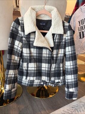 Splendid Black & White Plaid Sherpa-Trim Moto Jacket Womens XS
